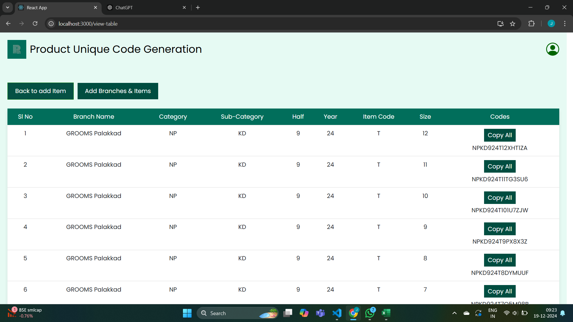 Unique code generator dashboard
